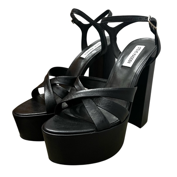 Steve Madden 9.5 Black Leather Y2K Grunge Chunky Platform Block Heel Sandals - Picture 4 of 13